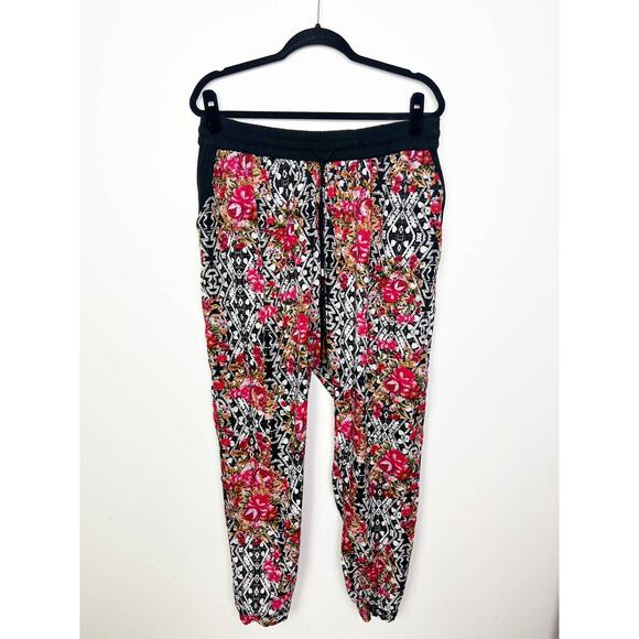 Ultra Flirt Plus Drawstring Black Geometric and Pink Floral Print Joggers Sz 2X - Picture 2 of 5